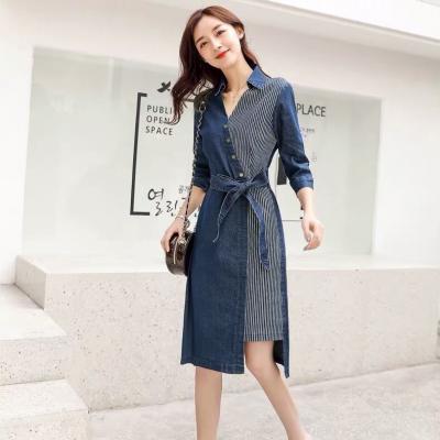 ĐẦM JEAN DENIM CỔ SƠ MI PHỐI SỌC THẮT NƠ EO - NJ922